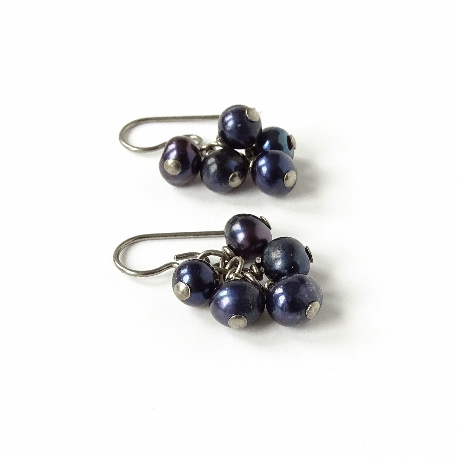 Black Pearl Cluster Niobium Earrings, Hypoallergenic Titanium Earrings For Sensitive Ears, Cascading Blue Purple Pearls Nickel Free Earrings