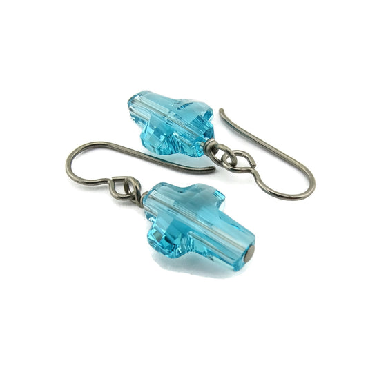 Aqua Blue Cross Titanium Earrings, Light Turquoise Swarovski Crystal Niobium Earrings Nickel Free Hypoallergenic Earrings for Sensitive Ears