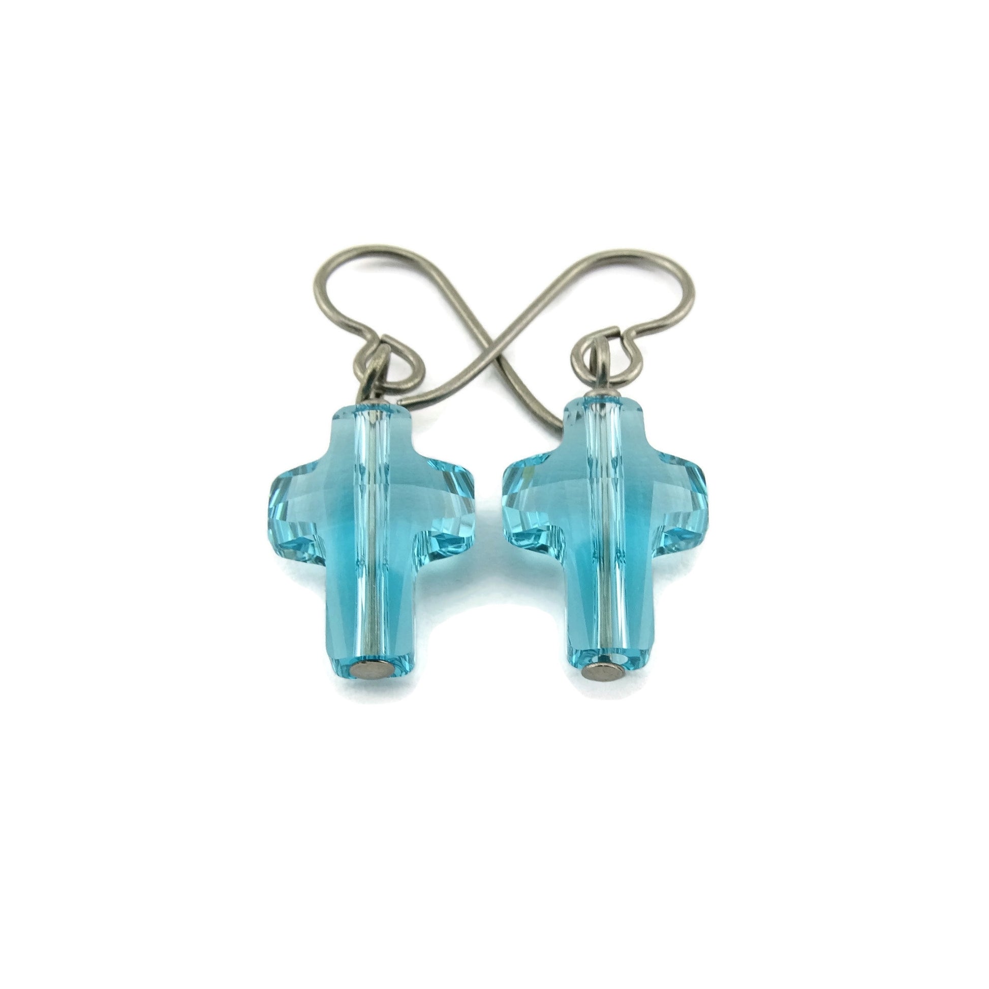 Aqua Blue Cross Titanium Earrings, Light Turquoise Swarovski Crystal Niobium Earrings Nickel Free Hypoallergenic Earrings for Sensitive Ears