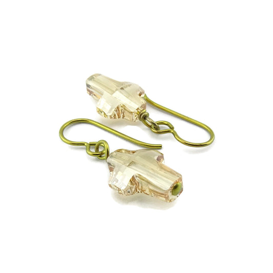Golden Shadow Cross Nickel Free Earrings, Yellow Gold Niobium Earrings, Hypoallergenic Earrings for Sensitive Ears, Swarovski Crystal Cross