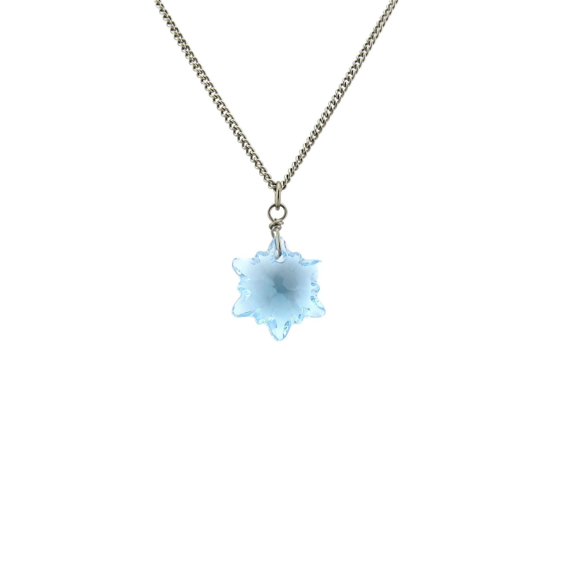Aquamarine Edelweiss Titanium Necklace, Aqua Blue Swarovski Crystal, Nickel Free Hypoallergenic Pure Titanium Necklace For Sensitive Skin
