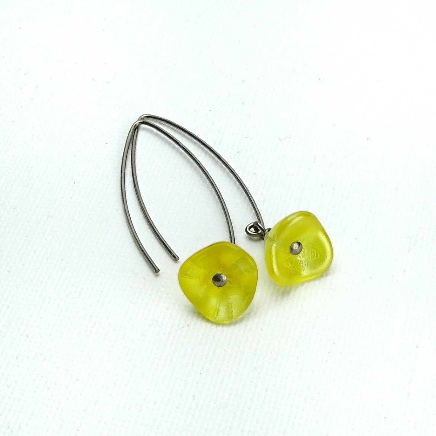 Buttercup Yellow Czech Glass Flowers Niobium Earrings, Arch Shaped Earwires, Hypoallergenic Nickel Free Titanium Earrings for Sensitive Ears