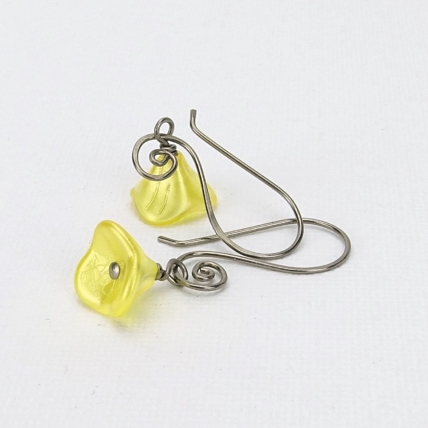 Buttercup Yellow Czech Glass Flowers Niobium Earrings, Swirl Shaped Earwire, Hypoallergenic Nickel Free Titanium Earrings for Sensitive Ears