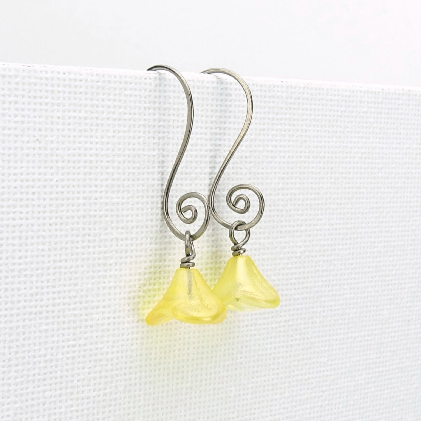 Buttercup Yellow Czech Glass Flowers Niobium Earrings, Swirl Shaped Earwire, Hypoallergenic Nickel Free Titanium Earrings for Sensitive Ears