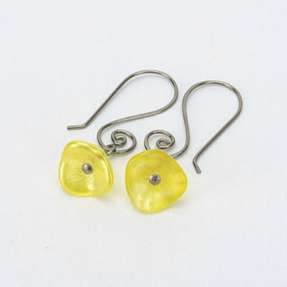 Buttercup Yellow Czech Glass Flowers Niobium Earrings, Swirl Shaped Earwire, Hypoallergenic Nickel Free Titanium Earrings for Sensitive Ears