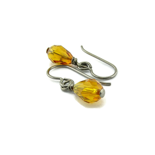 Topaz Teardrop Titanium Earrings, Honey Amber Swarovski Crystal Drops, Nickel Free Niobium Earrings, Hypo-allergenic Sensitive Ear Earrings