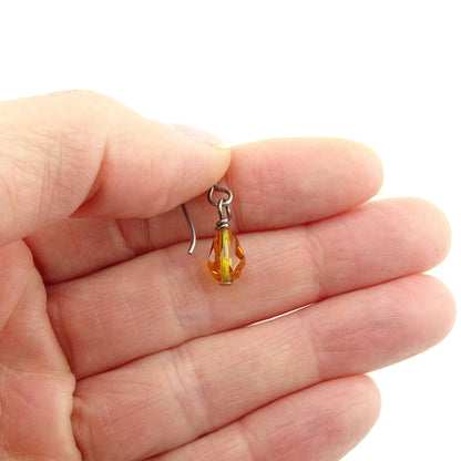 Topaz Teardrop Titanium Earrings, Honey Amber Swarovski Crystal Drops, Nickel Free Niobium Earrings, Hypo-allergenic Sensitive Ear Earrings