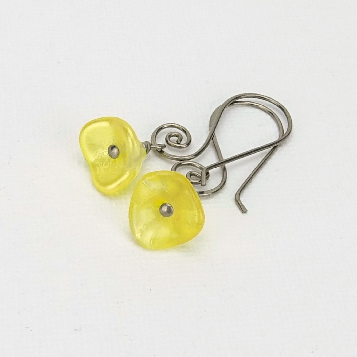 Buttercup Yellow Czech Glass Flowers Niobium Earrings, Swirl Shaped Earwire, Hypoallergenic Nickel Free Titanium Earrings for Sensitive Ears