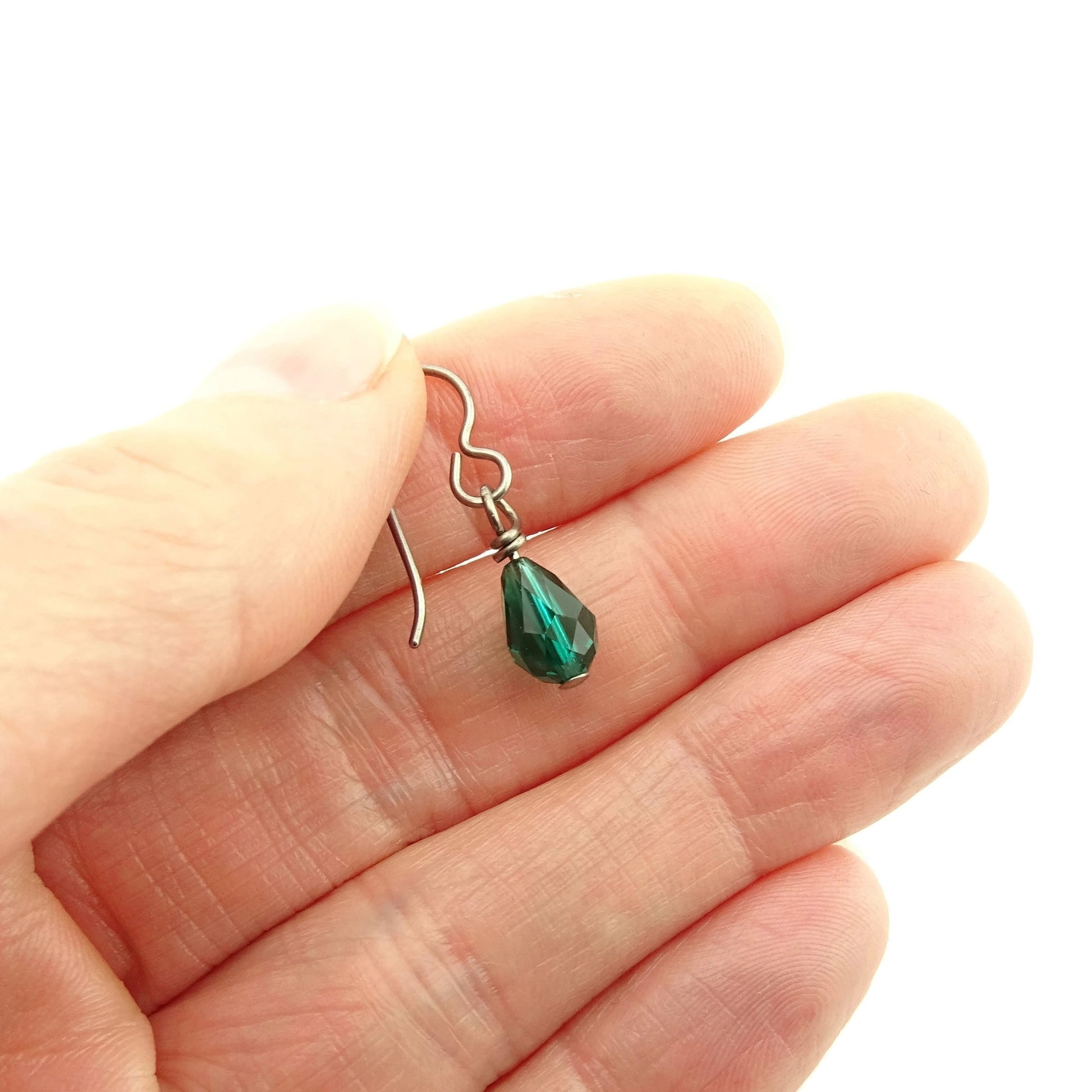 Emerald Green Drop Niobium Earrings, Swarovski Crystal Teardrop Earrings, Titanium Earrings for Sensitive Ears, Hypoallergenic Nickel Free