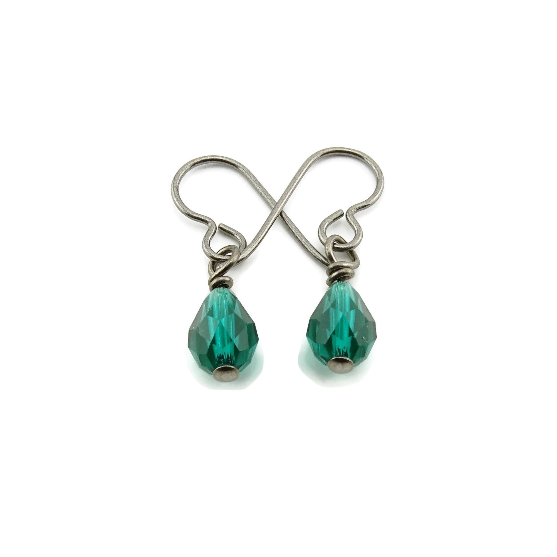 Emerald Green Drop Niobium Earrings, Swarovski Crystal Teardrop Earrings, Titanium Earrings for Sensitive Ears, Hypoallergenic Nickel Free