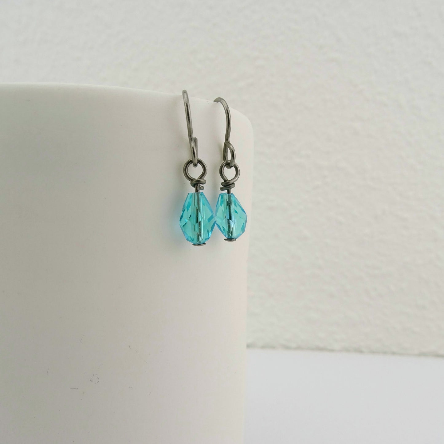 Light Turquoise Drop Titanium Earrings, Aqua Blue Teardrop Swarovski Crystal, Niobium Earrings for Sensitive Ears Nickel Free Hypoallergenic