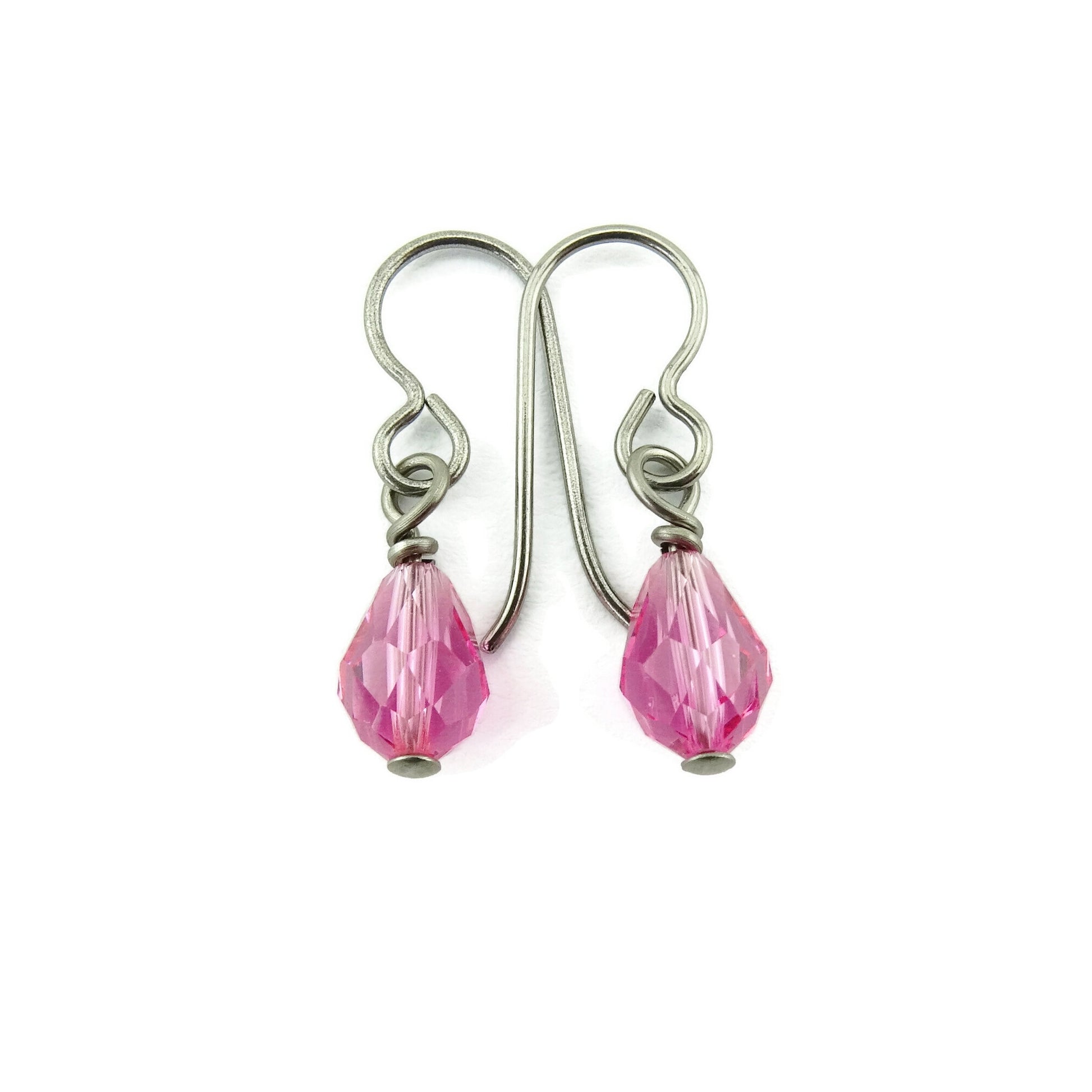 Rose Pink Teardrop Titanium Earrings, Swarovski Crystal Drop Earrings, Nickel Free Hypoallergenic Niobium Earrings for Sensitive Ears
