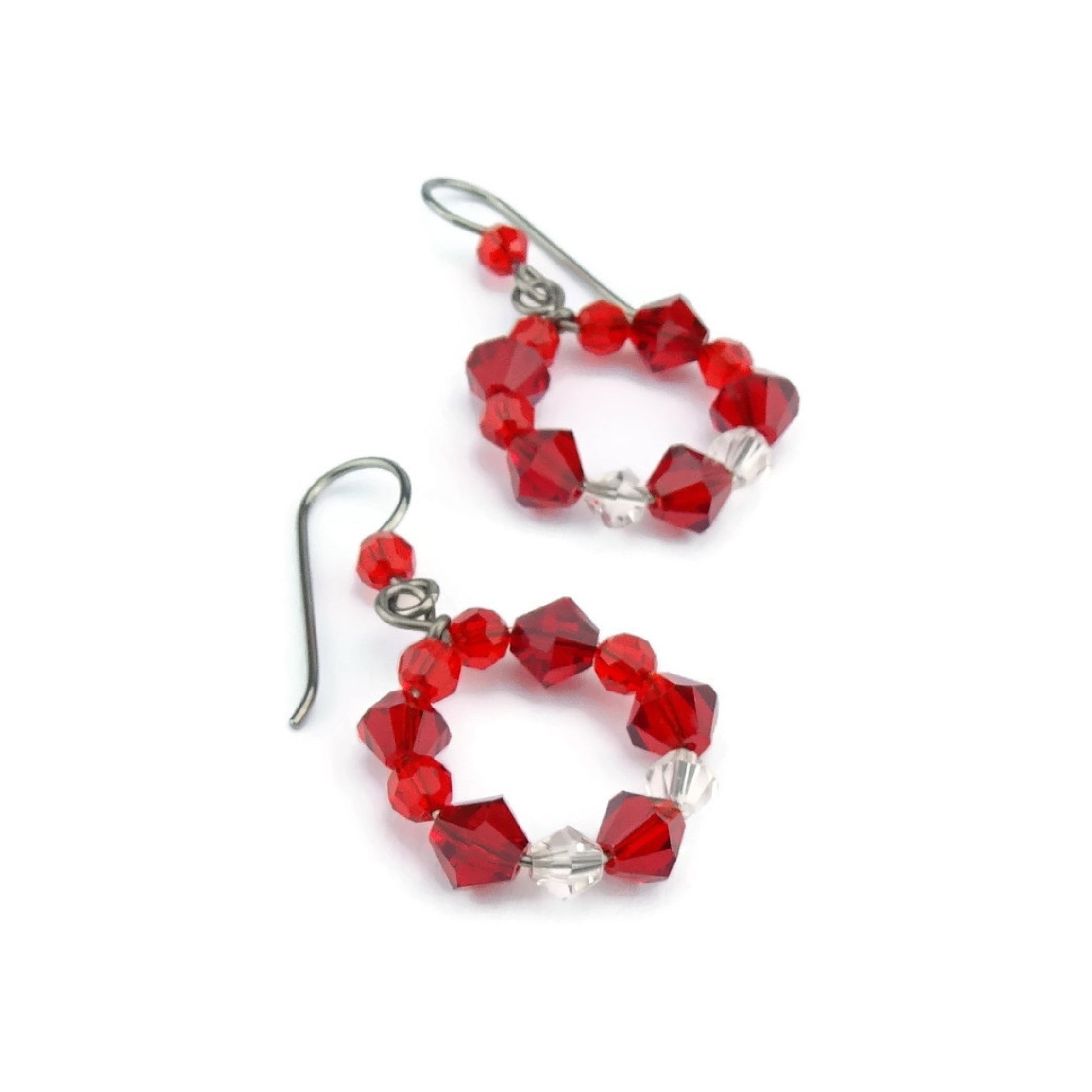 Red Crystal Hoops, Titanium Earrings, Siam Red Swarovski, Niobium Earrings for Sensitive Ears, Hypoallergenic Nickel Free, Red Beaded Circle