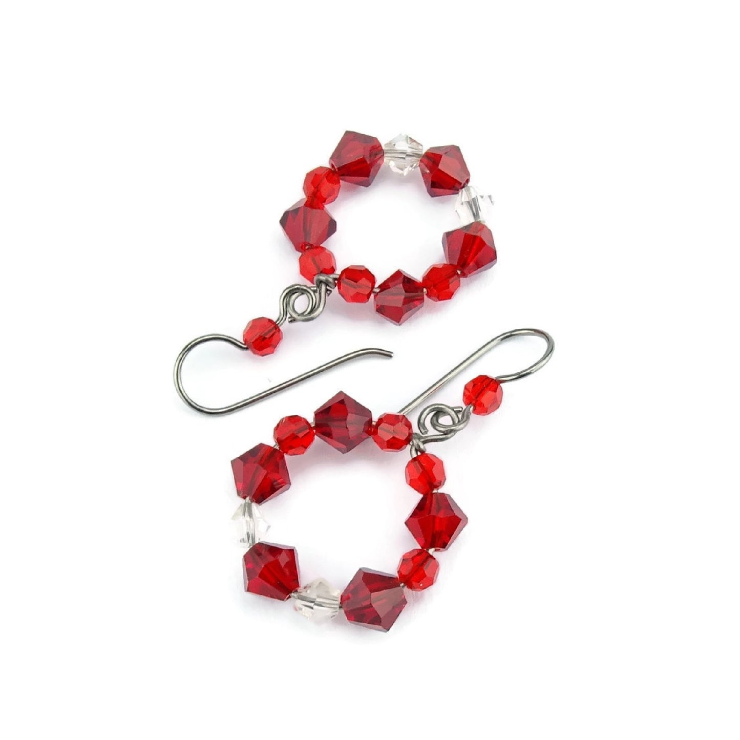 Red Crystal Hoops, Titanium Earrings, Siam Red Swarovski, Niobium Earrings for Sensitive Ears, Hypoallergenic Nickel Free, Red Beaded Circle