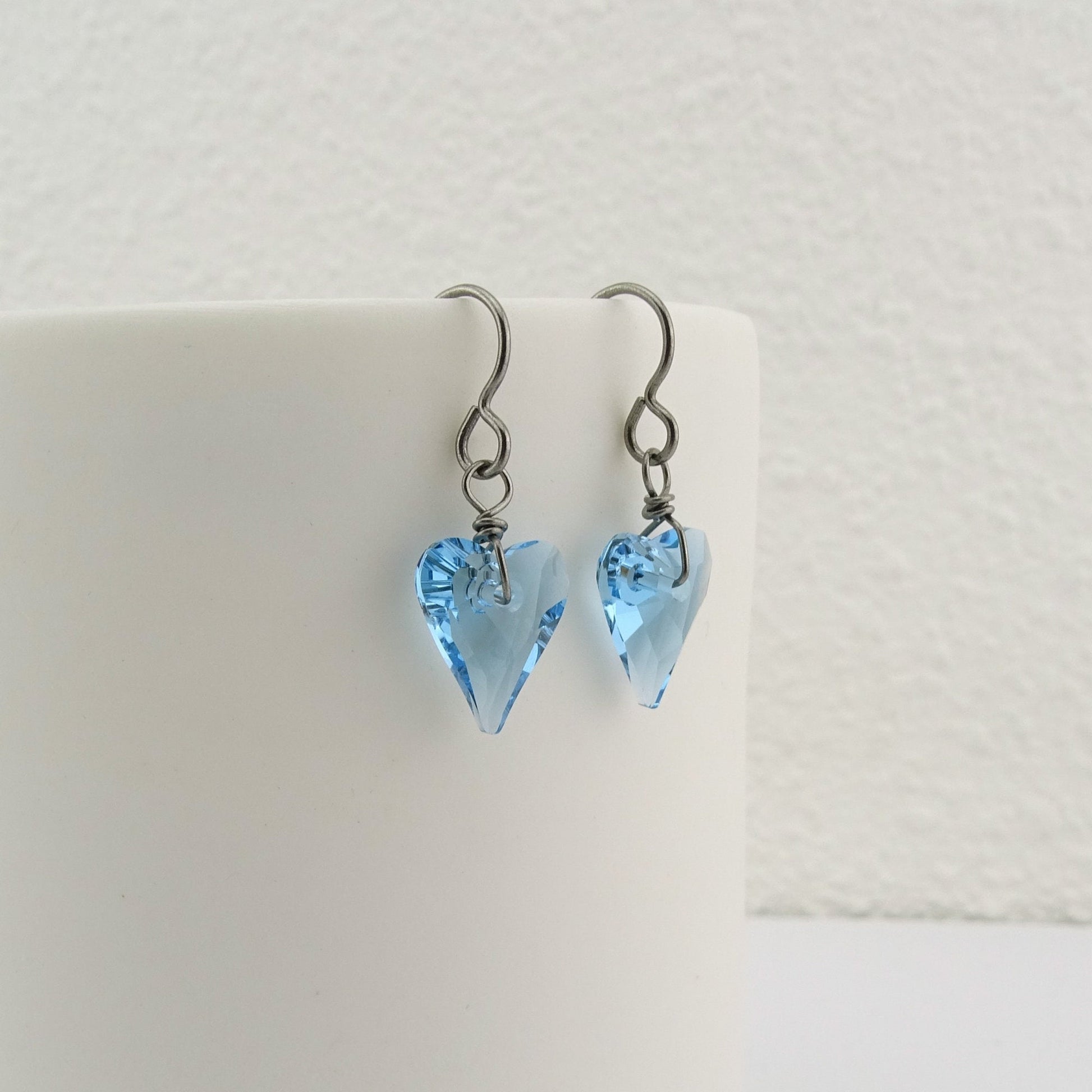 Aqua Blue Love Heart Niobium Earrings, Swarovski Crystal Titanium Earrings for Sensitive Ears Aquamarine Hypoallergenic Nickel Free Earrings