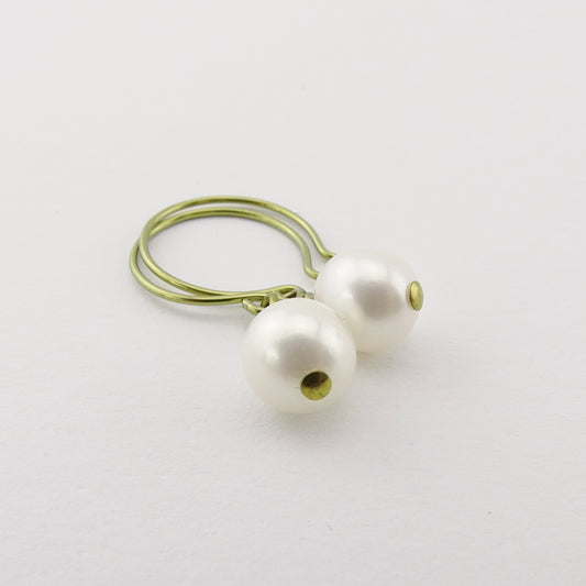White Genuine Pearl Niobium Earrings, Yellow Gold Niobium Nickel Free Earrings for Sensitive Ears, Freshwater Pearls Hypoallergenic Earrings