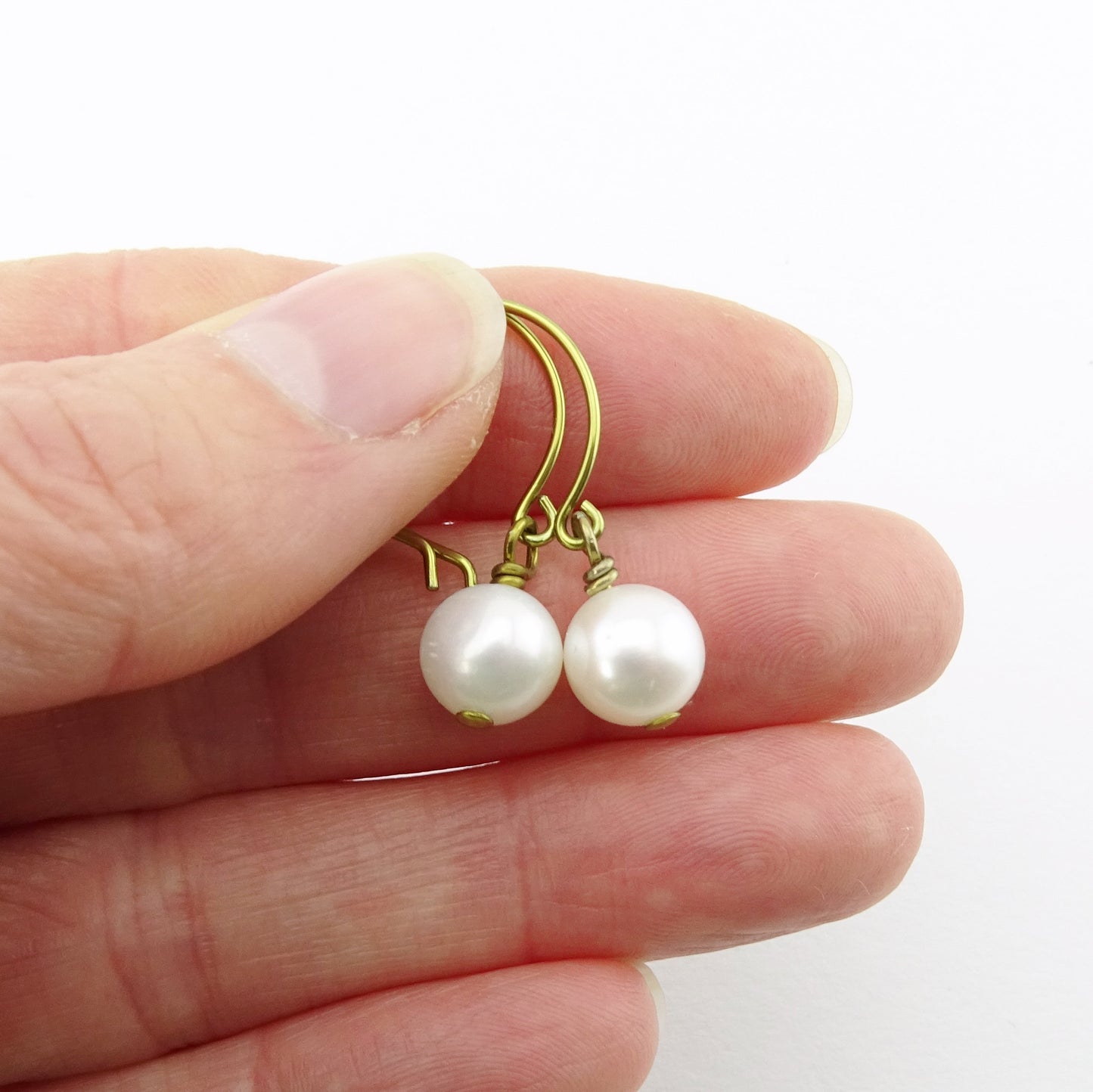 White Genuine Pearl Niobium Earrings, Yellow Gold Niobium Nickel Free Earrings for Sensitive Ears, Freshwater Pearls Hypoallergenic Earrings