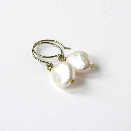 Ivory Coin Pearls Niobium Earrings, Yellow Gold Niobium, Hypoallergenic Nickel Free Earrings For Sensitive Ears, Off White Freshwater Pearls