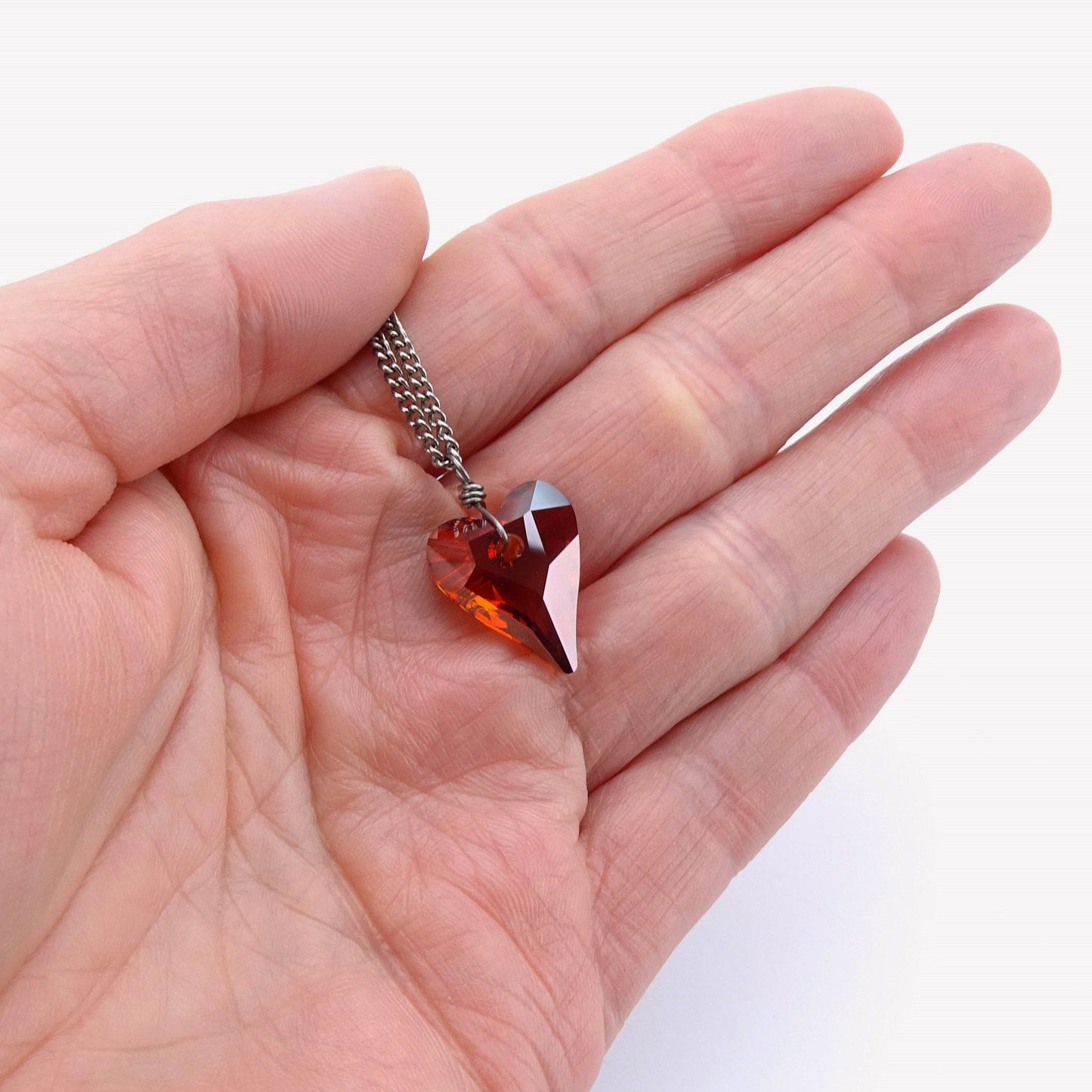 Magna Red Heart Titanium Necklace, Niobium Wrapped Swarovski Crystal, Hypoallergenic Nickel Free Pure Titanium Necklace For Sensitive Skin