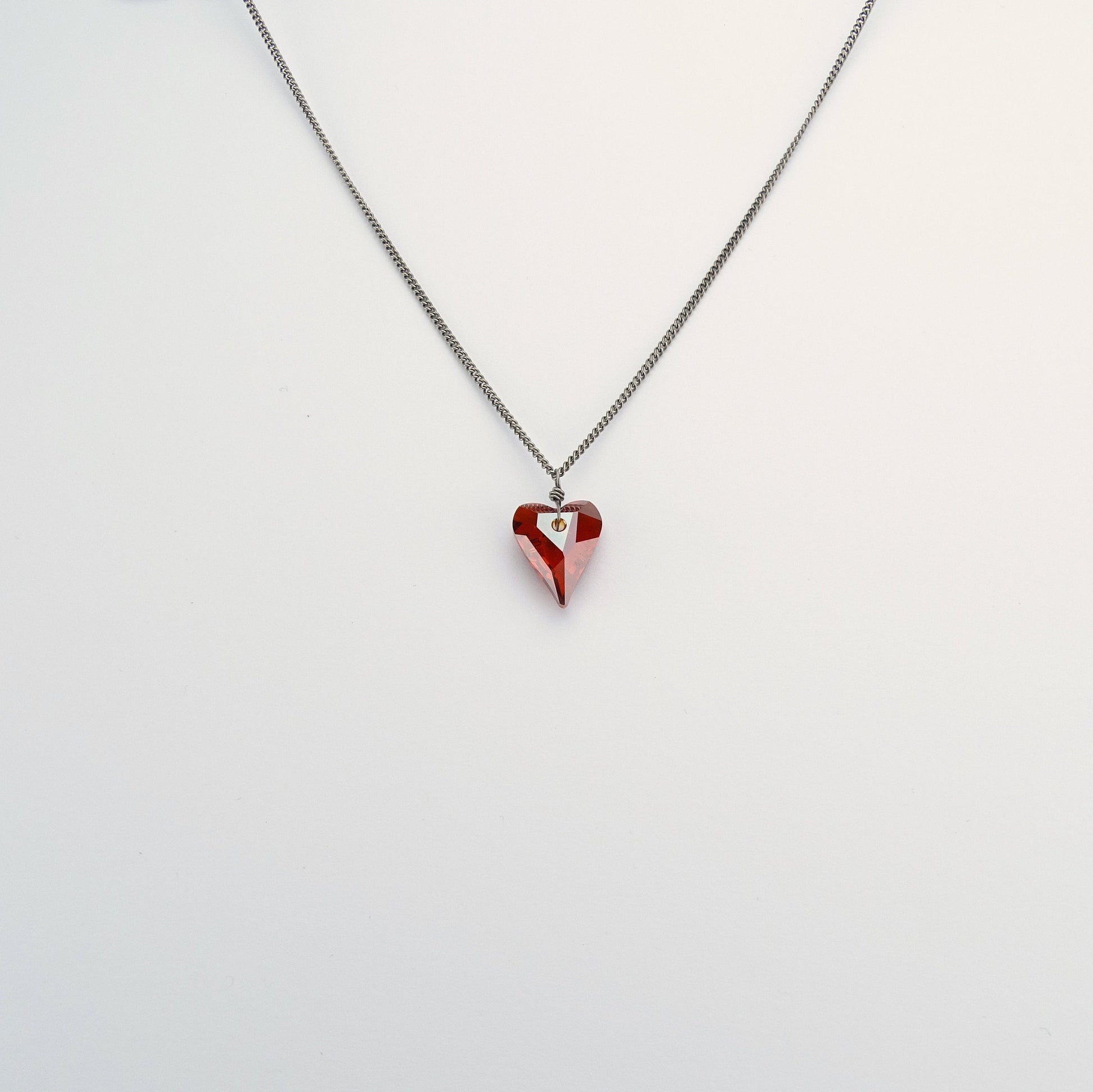 Magna Red Heart Titanium Necklace, Niobium Wrapped Swarovski Crystal, Hypoallergenic Nickel Free Pure Titanium Necklace For Sensitive Skin