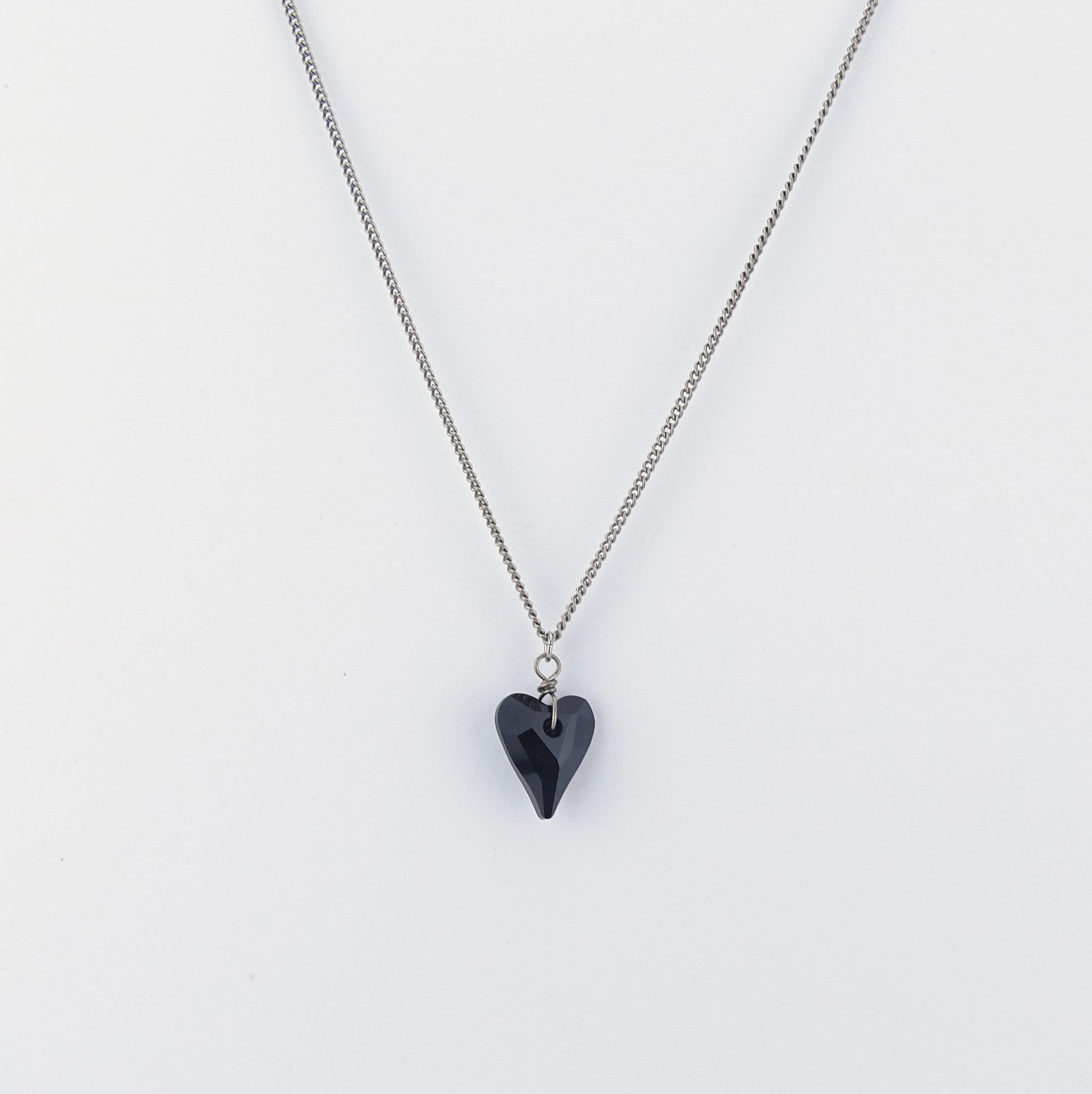 Jet Black Heart Titanium Necklace, Niobium Wrapped Swarovski Crystal, Hypoallergenic Nickel Free Pure Titanium Necklace For Sensitive Skin