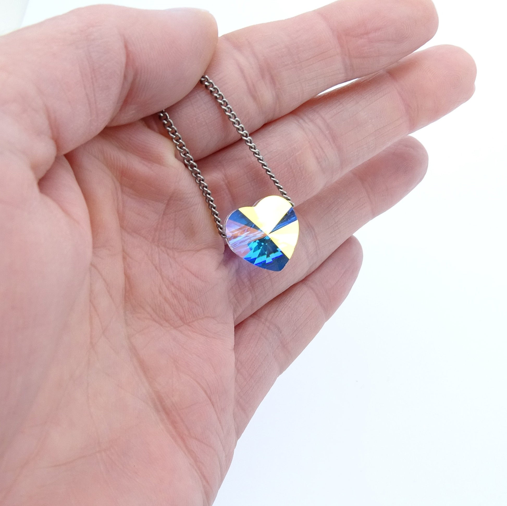 Aurora Borealis Swarovski Crystal Floating Heart Titanium Necklace, Clear AB Heart, Hypoallergenic Nickel Free Necklace for Sensitive Skin