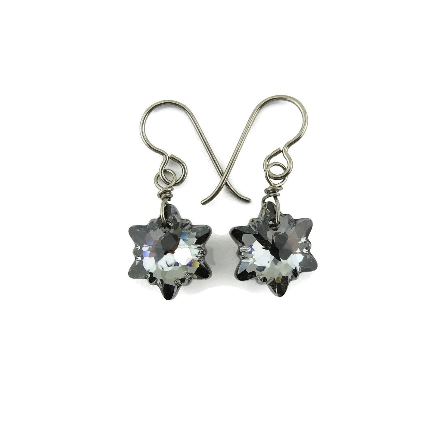 Silver Edelweiss Titanium Earrings, Silver Night Swarovski Crystal Niobium Earrings Nickel Free Hypoallergenic Earrings for Sensitive Ears