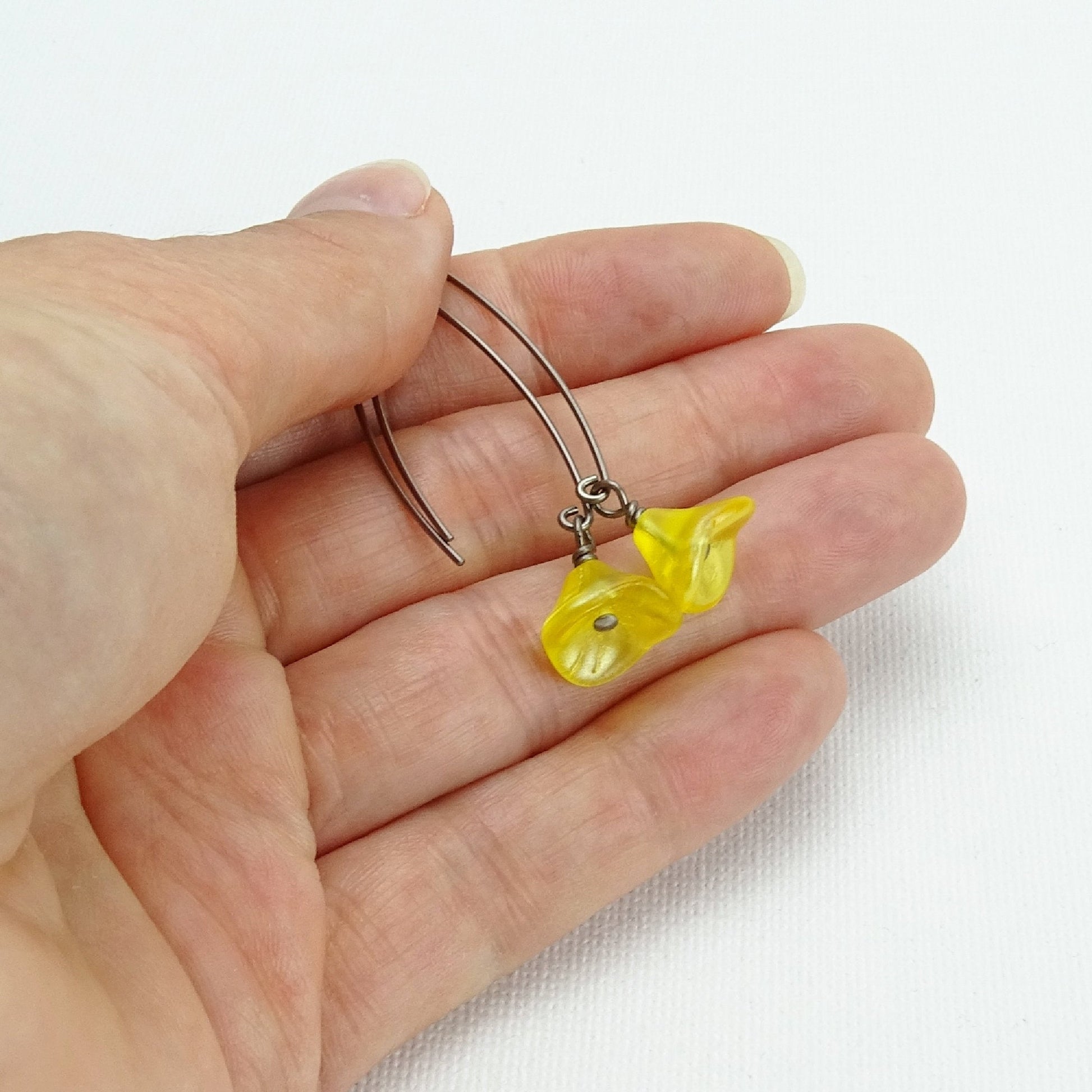 Buttercup Yellow Czech Glass Flowers Niobium Earrings, Arch Shaped Earwires, Hypoallergenic Nickel Free Titanium Earrings for Sensitive Ears