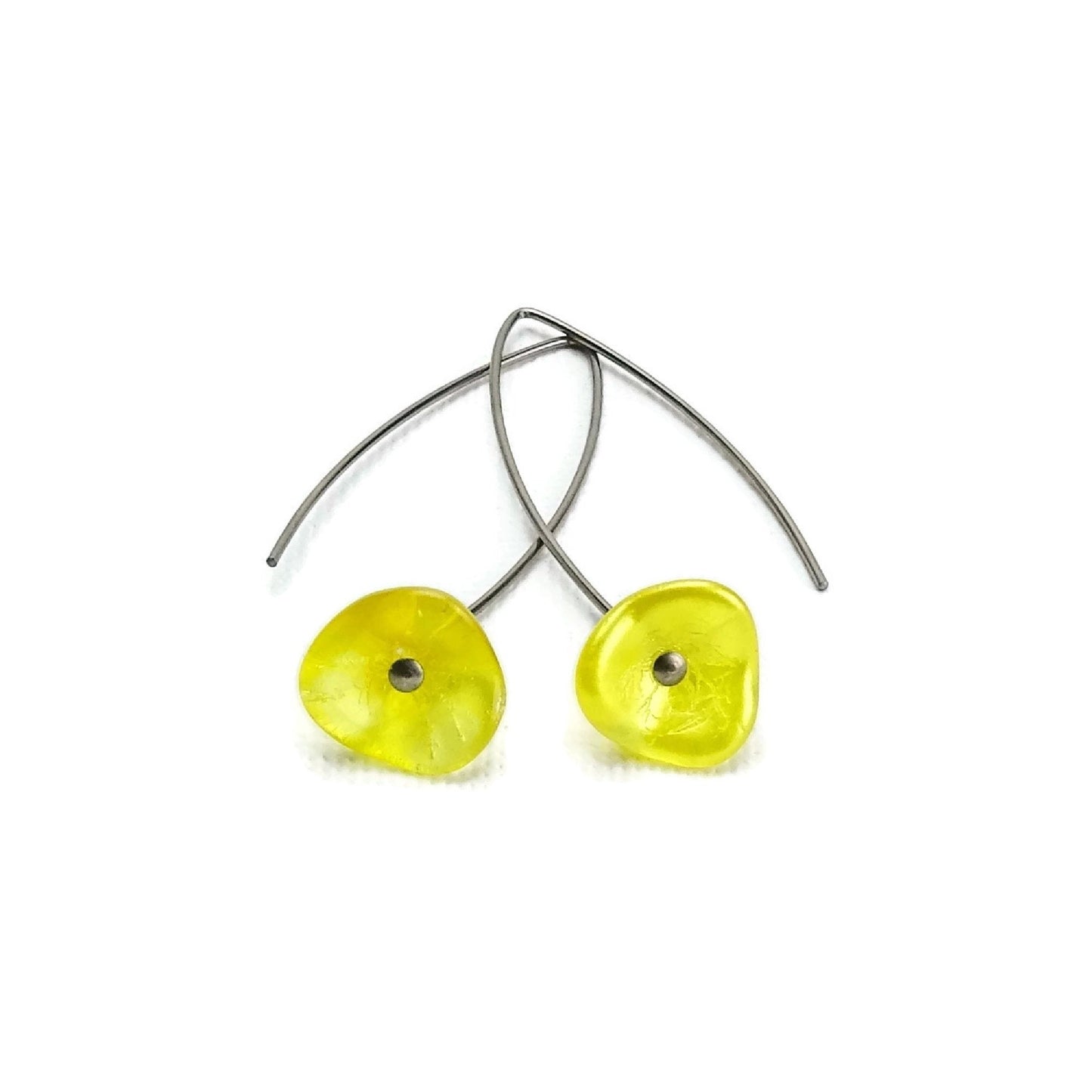 Buttercup Yellow Czech Glass Flowers Niobium Earrings, Arch Shaped Earwires, Hypoallergenic Nickel Free Titanium Earrings for Sensitive Ears