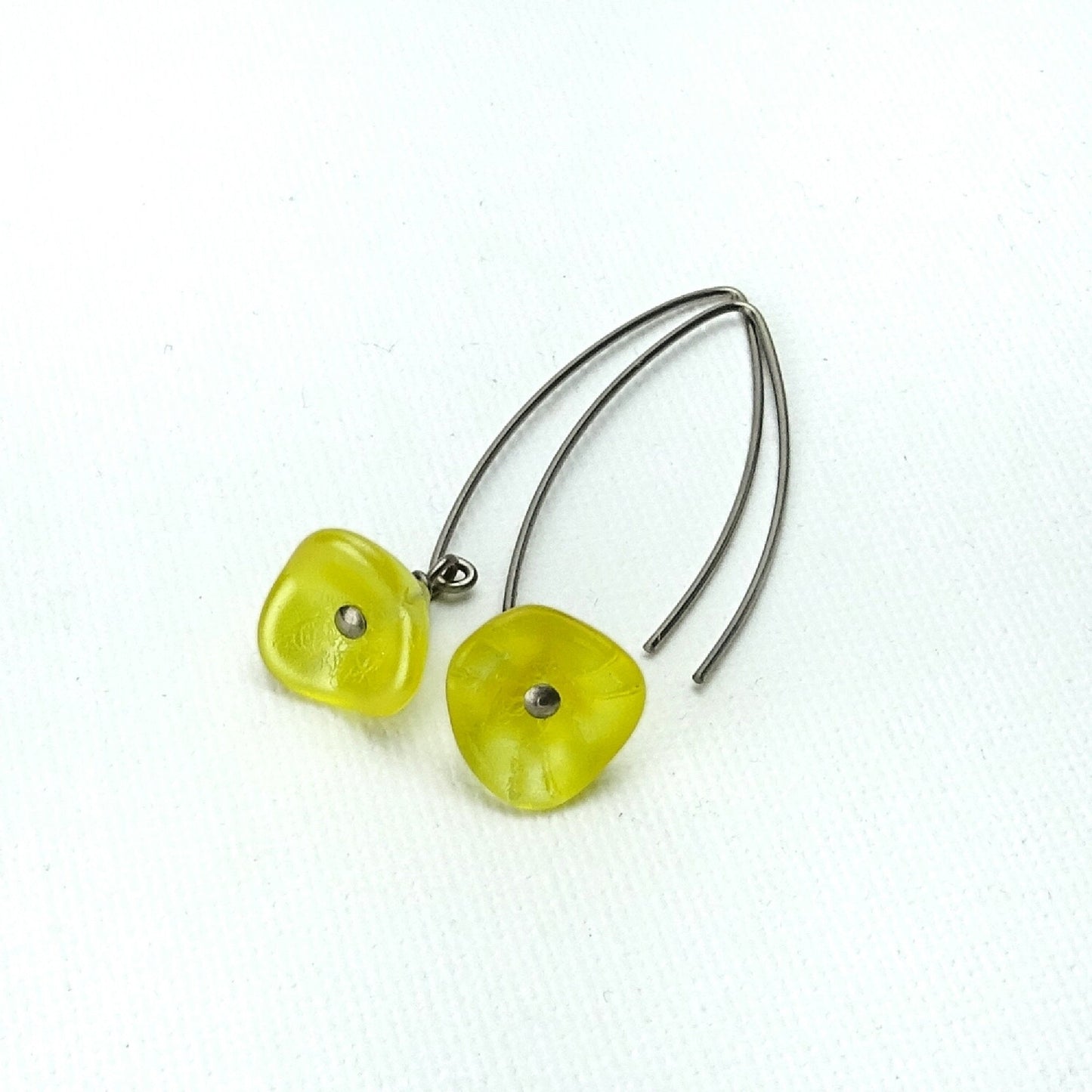 Buttercup Yellow Czech Glass Flowers Niobium Earrings, Arch Shaped Earwires, Hypoallergenic Nickel Free Titanium Earrings for Sensitive Ears