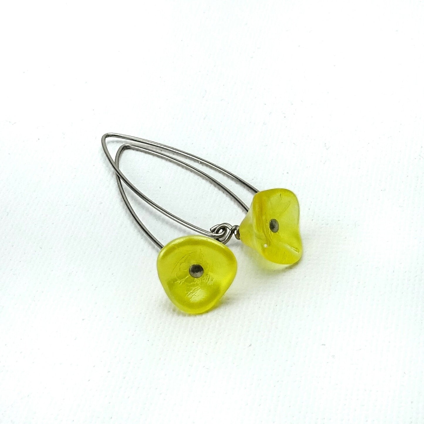 Buttercup Yellow Czech Glass Flowers Niobium Earrings, Arch Shaped Earwires, Hypoallergenic Nickel Free Titanium Earrings for Sensitive Ears