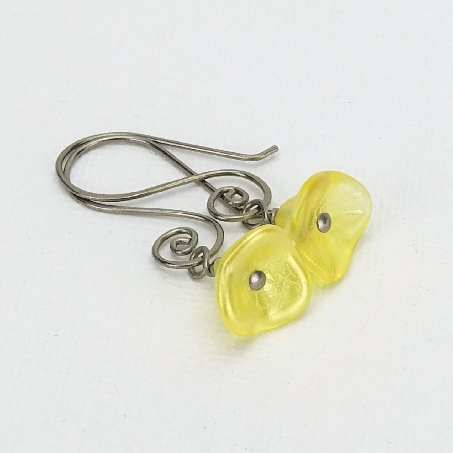 Buttercup Yellow Czech Glass Flowers Niobium Earrings, Swirl Shaped Earwire, Hypoallergenic Nickel Free Titanium Earrings for Sensitive Ears