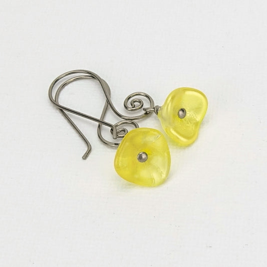 Buttercup Yellow Czech Glass Flowers Niobium Earrings, Swirl Shaped Earwire, Hypoallergenic Nickel Free Titanium Earrings for Sensitive Ears