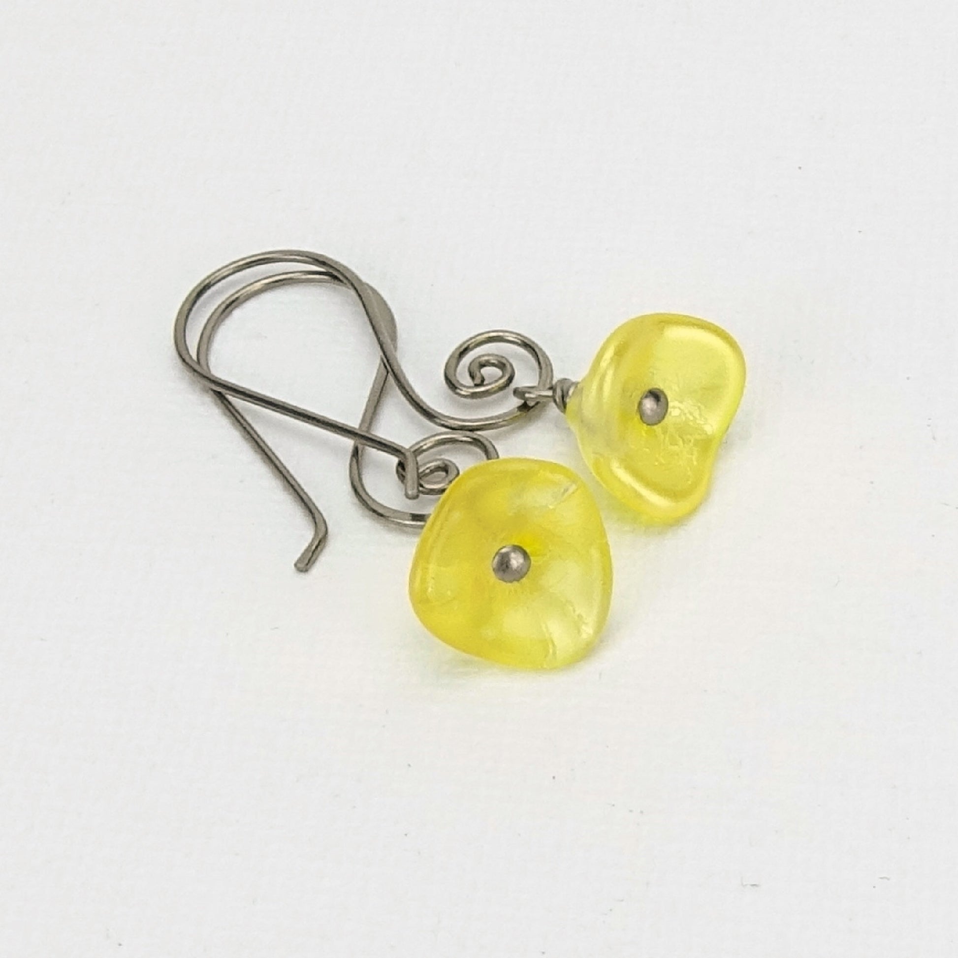 Buttercup Yellow Czech Glass Flowers Niobium Earrings, Swirl Shaped Earwire, Hypoallergenic Nickel Free Titanium Earrings for Sensitive Ears