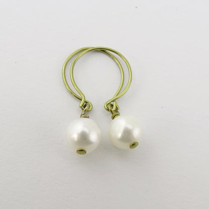 White Genuine Pearl Niobium Earrings, Yellow Gold Niobium Nickel Free Earrings for Sensitive Ears, Freshwater Pearls Hypoallergenic Earrings