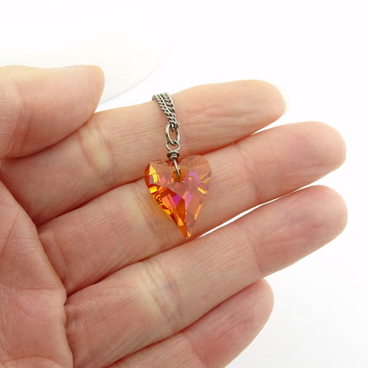 Orange Pink Heart Titanium Necklace, Niobium Wire Wrapped Astral Pink Swarovski Crystal, Hypoallergenic Nickel Free Pure Titanium Necklace