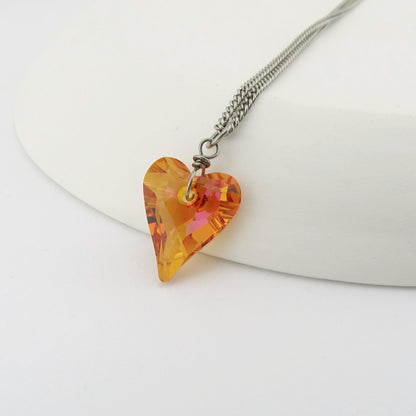 Orange Pink Heart Titanium Necklace, Niobium Wire Wrapped Astral Pink Swarovski Crystal, Hypoallergenic Nickel Free Pure Titanium Necklace