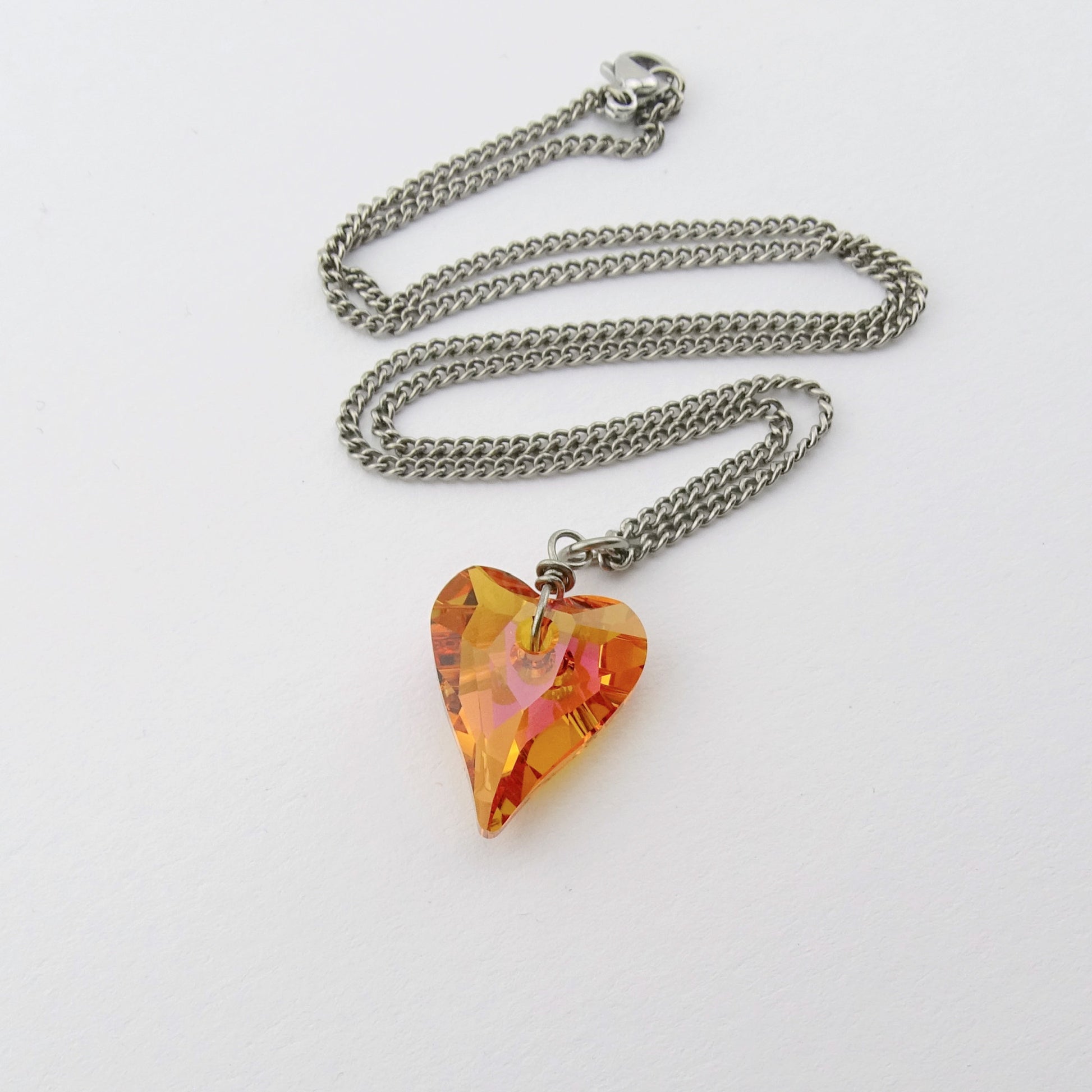 Orange Pink Heart Titanium Necklace, Niobium Wire Wrapped Astral Pink Swarovski Crystal, Hypoallergenic Nickel Free Pure Titanium Necklace