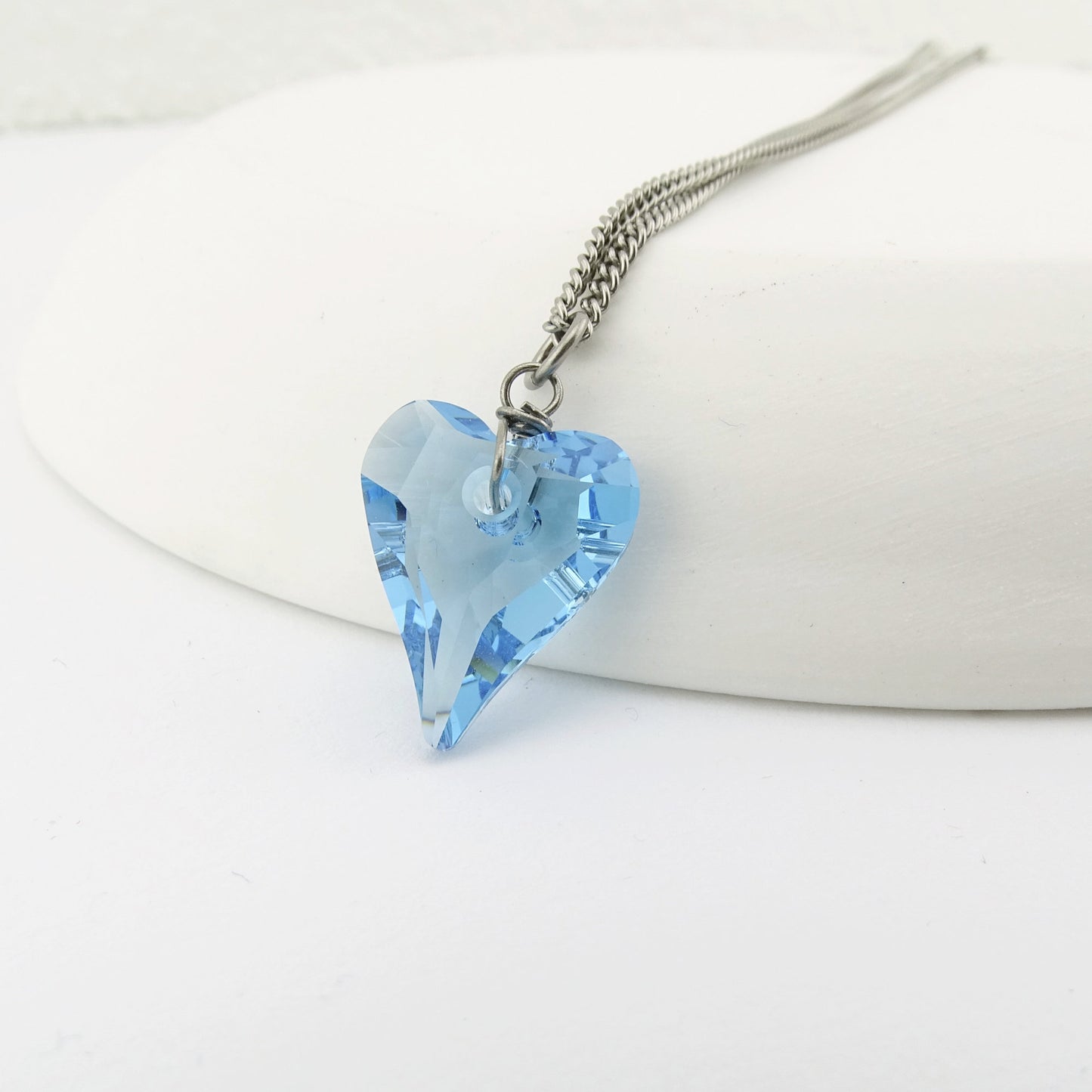 Aqua Blue Heart Titanium Necklace, Niobium Wire Wrapped Aquamarine Swarovski Crystal, Hypoallergenic Nickel Free Necklace For Sensitive Skin