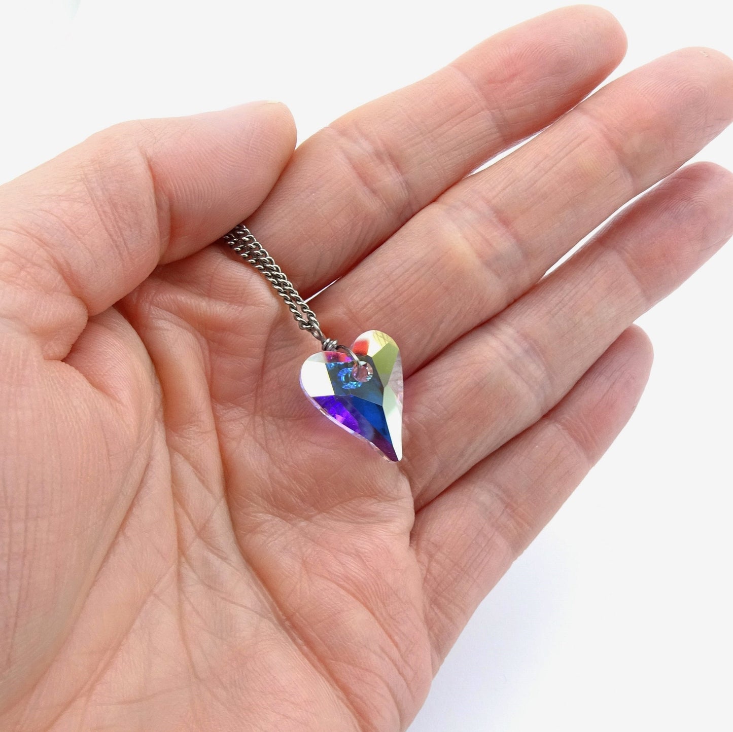 Aurora Borealis Crystal Heart Titanium Necklace, Swarovski Crystal, Hypoallergenic Nickel Free Niobium, Titanium Necklace For Sensitive Skin