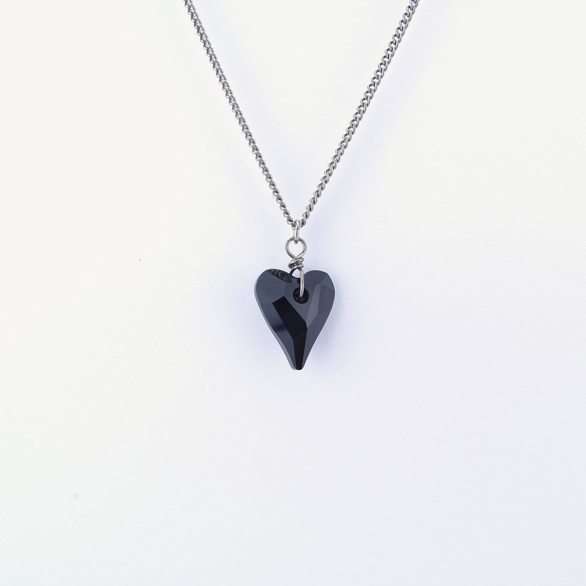 Jet Black Heart Titanium Necklace, Niobium Wrapped Swarovski Crystal, Hypoallergenic Nickel Free Pure Titanium Necklace For Sensitive Skin