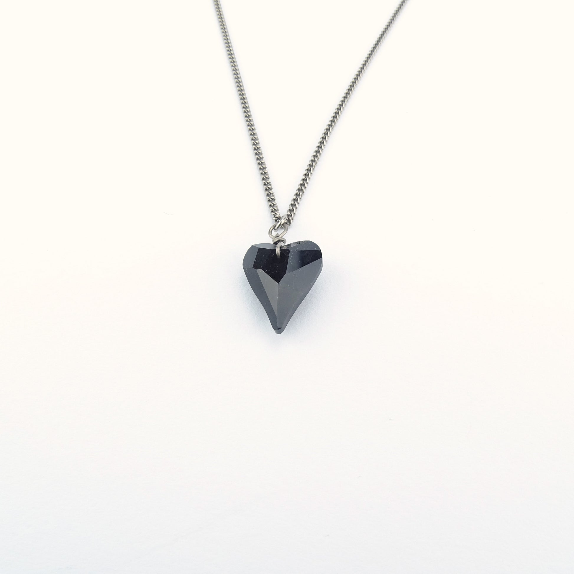 Jet Black Heart Titanium Necklace, Niobium Wrapped Swarovski Crystal, Hypoallergenic Nickel Free Pure Titanium Necklace For Sensitive Skin