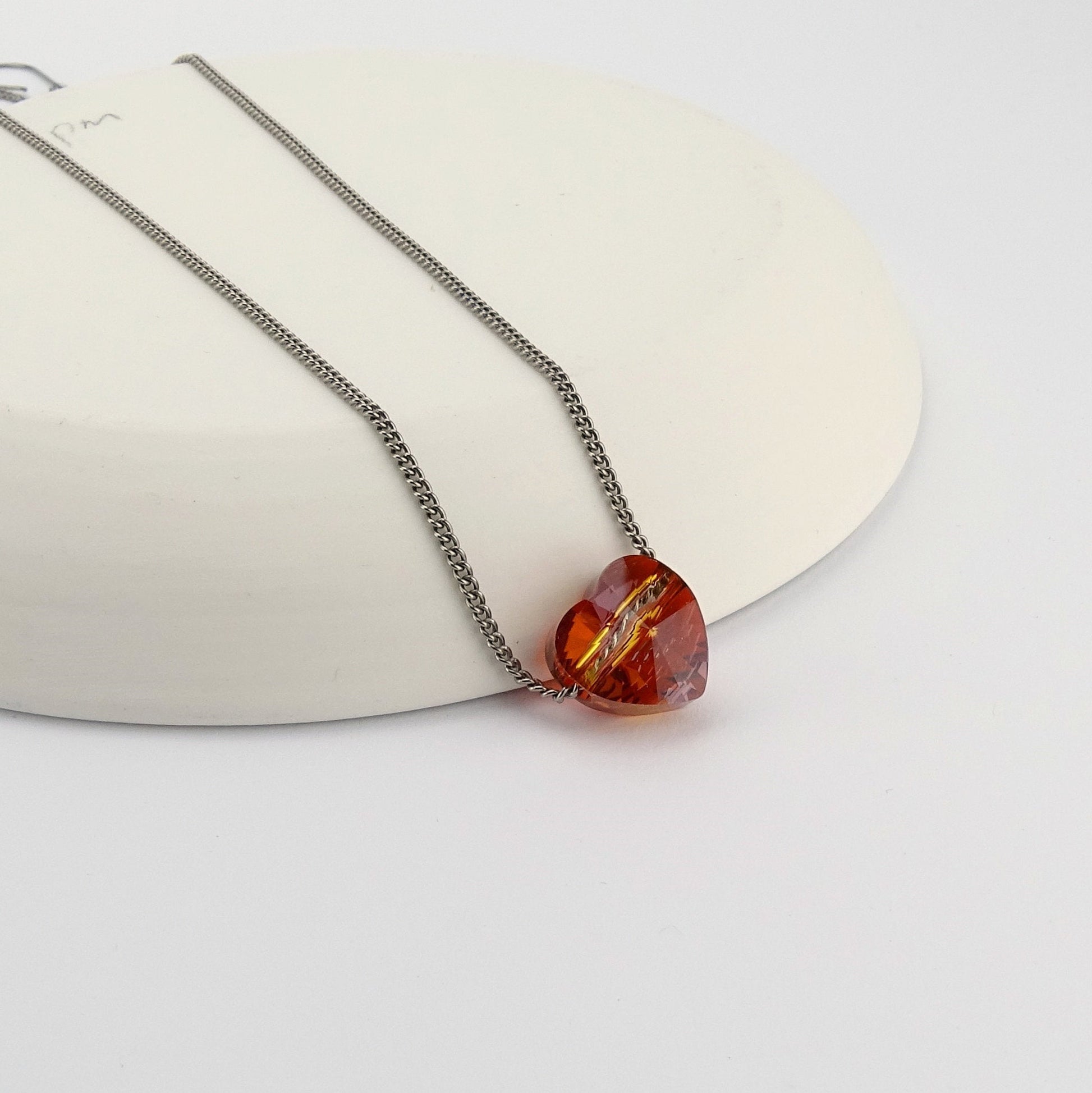 Red Magma Heart Titanium Necklace, Floating Heart Swarovski Crystal, Hypoallergenic Nickel Free Pure Titanium Necklace For Sensitive Skin