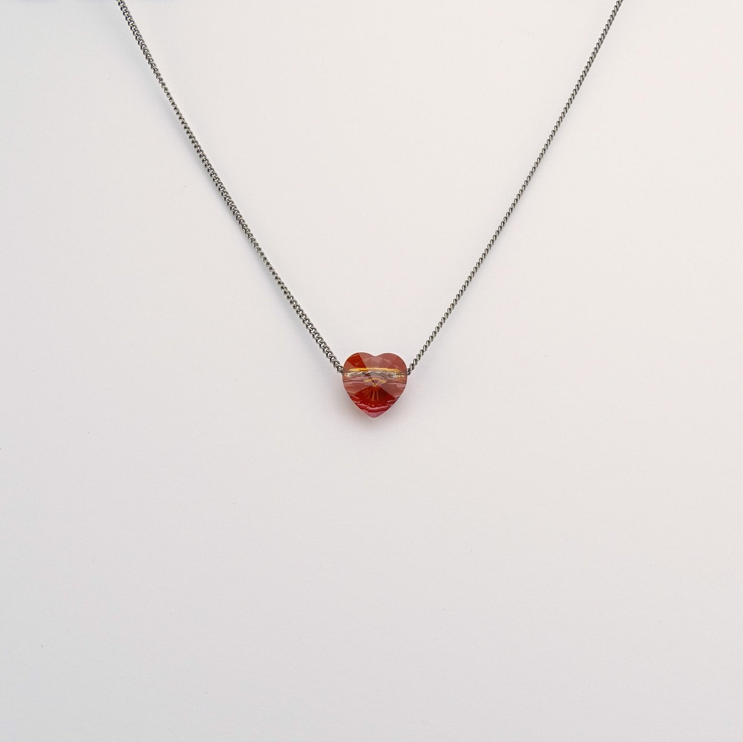 Red Magma Heart Titanium Necklace, Floating Heart Swarovski Crystal, Hypoallergenic Nickel Free Pure Titanium Necklace For Sensitive Skin