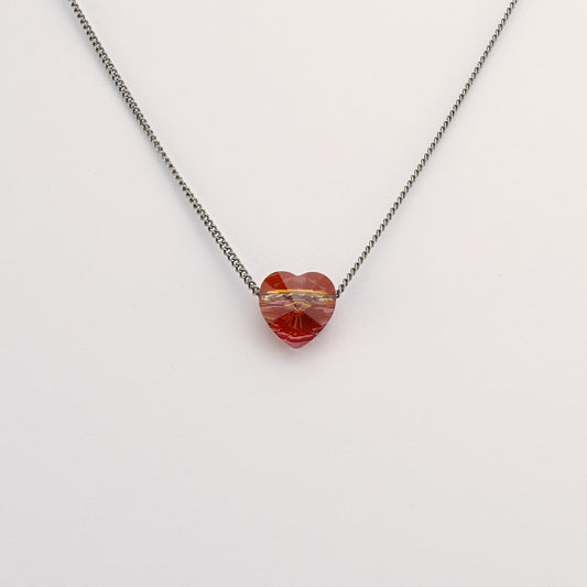 Red Magma Heart Titanium Necklace, Floating Heart Swarovski Crystal, Hypoallergenic Nickel Free Pure Titanium Necklace For Sensitive Skin