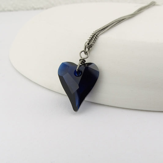 Deep Blue Heart Titanium Necklace, Niobium Wire Wrapped Dark Indigo Swarovski Crystal Hypoallergenic Nickel Free Necklace For Sensitive Skin