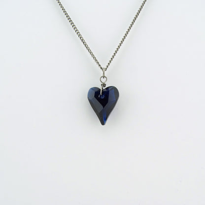 Deep Blue Heart Titanium Necklace, Niobium Wire Wrapped Dark Indigo Swarovski Crystal Hypoallergenic Nickel Free Necklace For Sensitive Skin