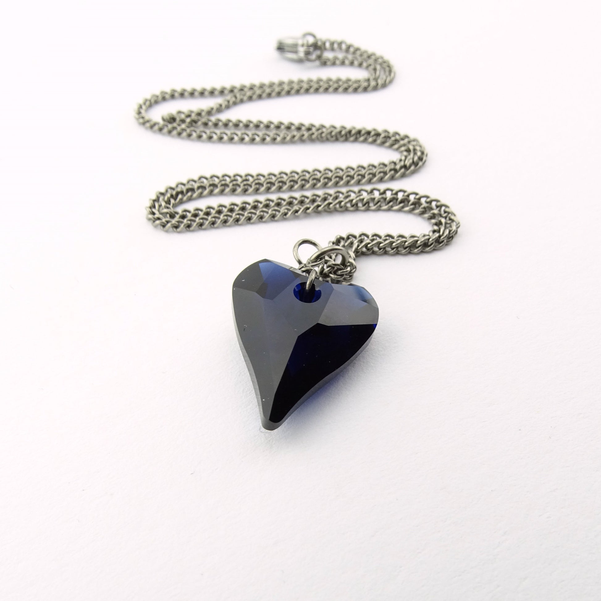 Deep Blue Heart Titanium Necklace, Niobium Wire Wrapped Dark Indigo Swarovski Crystal Hypoallergenic Nickel Free Necklace For Sensitive Skin