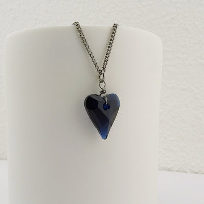 Deep Blue Heart Titanium Necklace, Niobium Wire Wrapped Dark Indigo Swarovski Crystal Hypoallergenic Nickel Free Necklace For Sensitive Skin