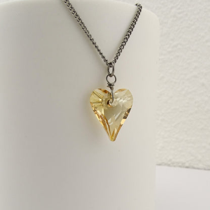 Golden Shadow Heart Titanium Necklace, Niobium Wire Wrapped Swarovski Crystal, Hypoallergenic Nickel Free Necklace For Sensitive Skin